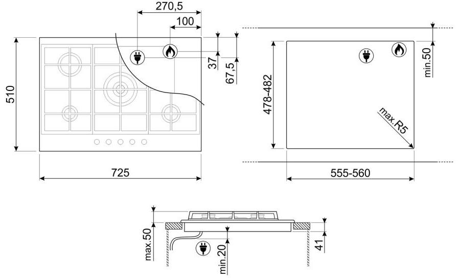SMEG PX375MB Газовая варочная панель, 72,5 см, цвет чёрный матовый