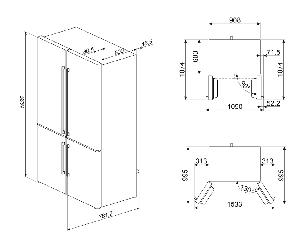 SMEG FQ60NDE Отдельностоящий 4-х дверный холодильник Side-by-Side, No-frost, 90.8 см, цвет чёрный